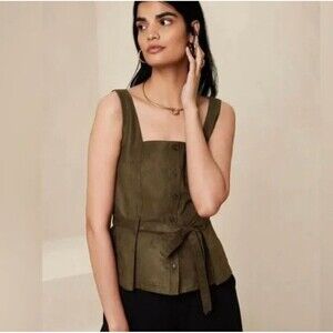 NWT Banana Republic Lucie Vegan Suede Button Down Top Size 12 Olive Green Belted